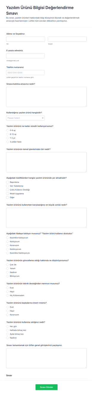 Yazılım Ürün Bilgi Değerlendirme Anketi Form Şablonu