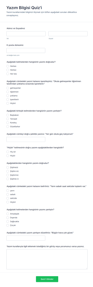 Yazım Bilgisi Quiz'i Form Şablonu