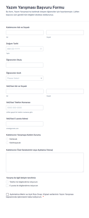 Yazım Yarışması Başvuru Form Şablonu