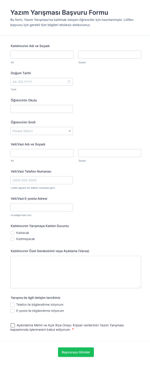 Yazım Yarışması Başvuru Form Şablonu