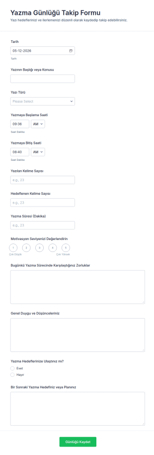 Yazma Günlüğü Takip Form Şablonu