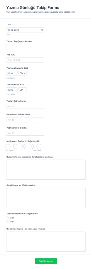 Yazma Günlüğü Takip Form Şablonu