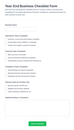 Year End Business Checklist Form Template