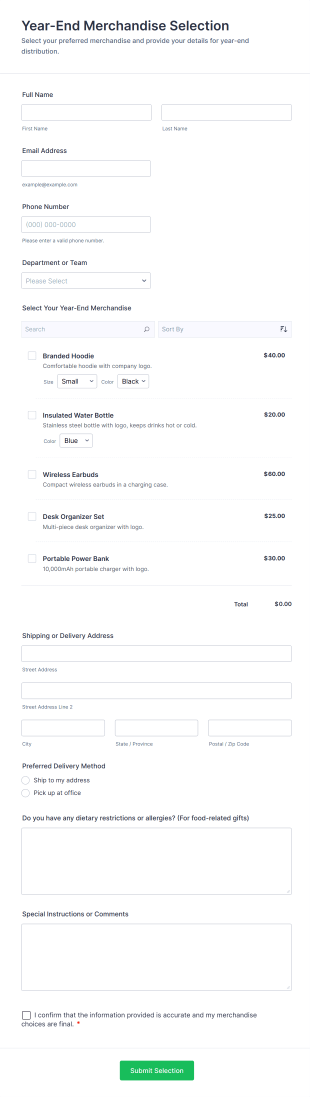 Year End Merchandise Selection Form Template