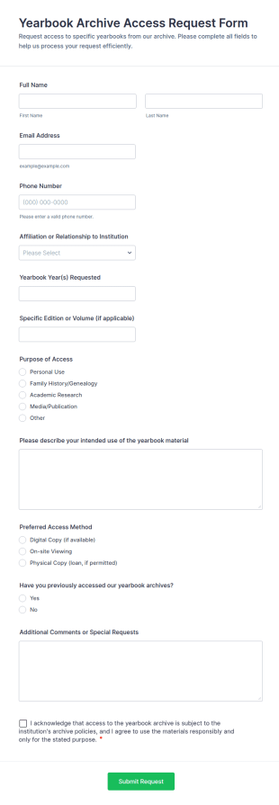 Yearbook Archive Access Request Form Template