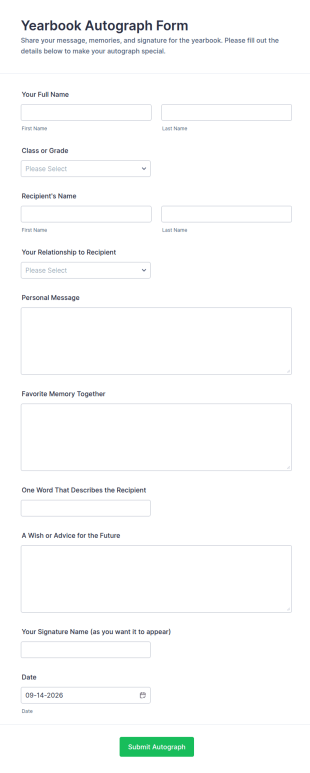 Yearbook Autograph Form Template