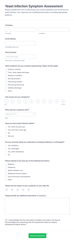 Yeast Infection Symptom Assessment Form Template