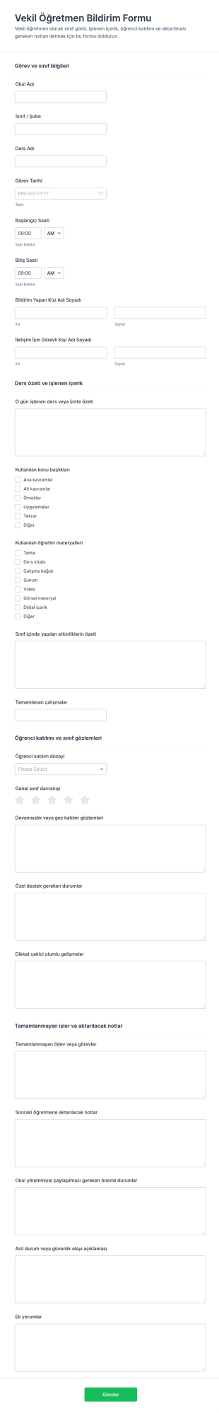 Yedek Öğretmen Bildirim Form Şablonu