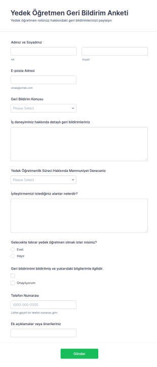 Yedek Öğretmen Geri Bildirim Anketi Form Şablonu