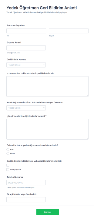 Yedek Öğretmen Geri Bildirim Anketi Form Şablonu