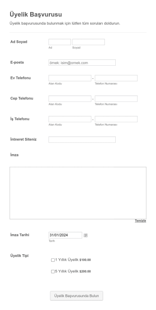 Üyelik Başvuru Form Template