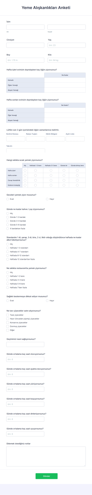 Yeme Alışkanlıkları Anketi Form Şablonu
