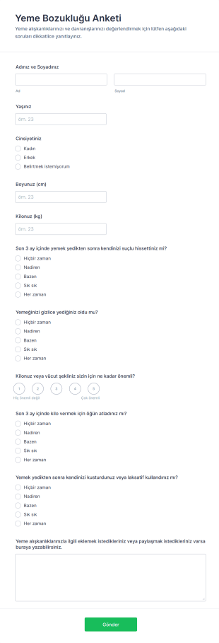 Yeme Bozukluğu Anketi Form Şablonu