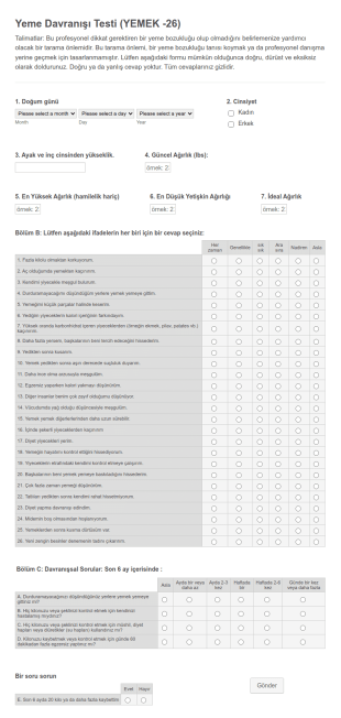 Yeme Davranışı Test Form Şablonu