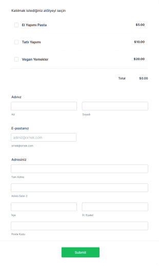 Yemek Atölyesi Kayıt Formu PayPal Standard Form Şablonu