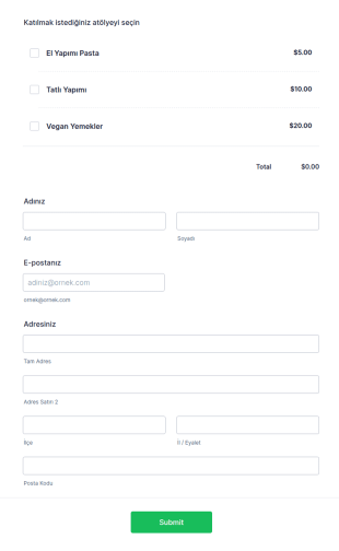 Yemek Atölyesi Kayıt Formu PayPal Standard Form Şablonu