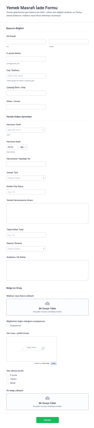 Yemek Gideri İstisnası Form Şablonu
