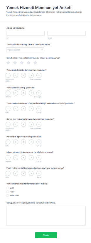 Yemek Hizmeti Memnuniyet Anketi Form Şablonu