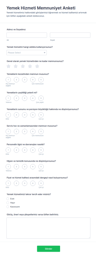 Yemek Hizmeti Memnuniyet Anketi Form Şablonu