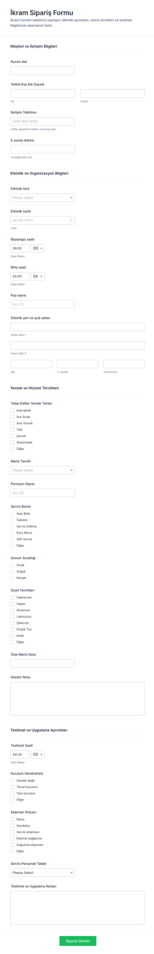 Yemek Hizmetleri Sipariş Formu 🍽️✨ Form Şablonu