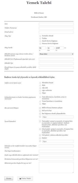 Yemek İstek Form Şablonu
