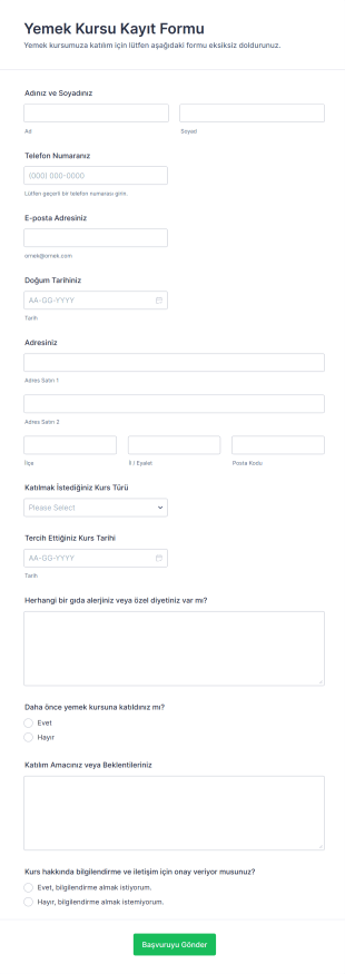 Yemek Kursu Kayıt Form Şablonu