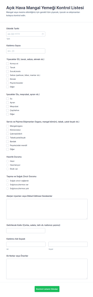Yemek Listesi Kontrol Listesi Form Şablonu