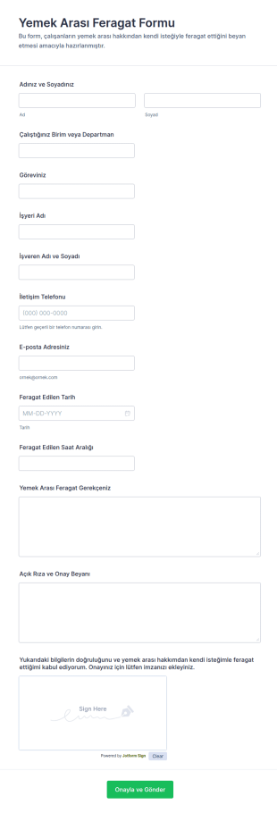 Yemek Molası Feragat Form Şablonu