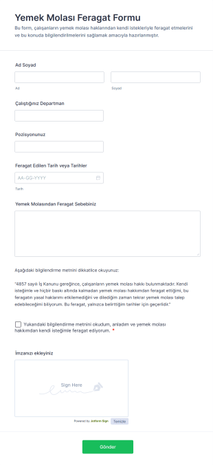 Yemek Molası Feragat Form Şablonu