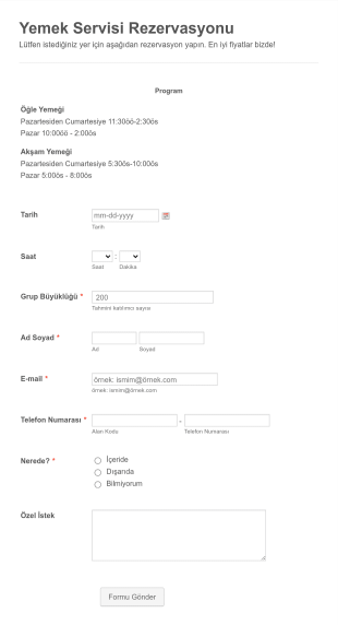 Yemek Servisi Rezervasyon Form Template
