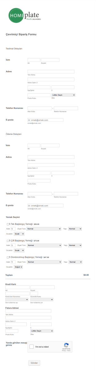 Yemek Sipariş Form Template
