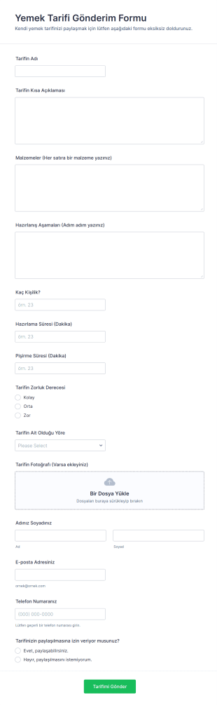 Yemek Tarifi Gönderim Form Template