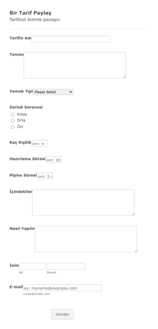 Yemek Tarifi Paylaşma Form Şablonu