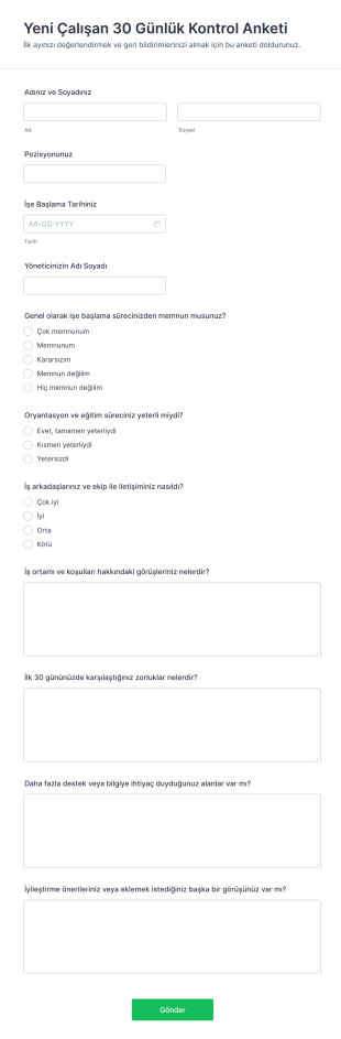 Yeni Çalışan 30 Günlük Kontrol Anketi Form Şablonu