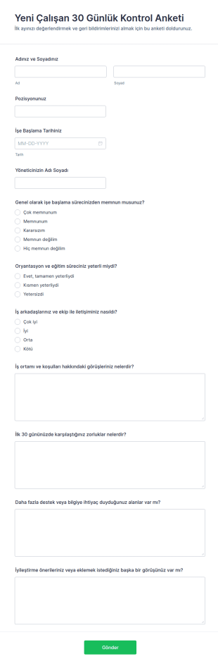 Yeni Çalışan 30 Günlük Kontrol Anketi Form Şablonu