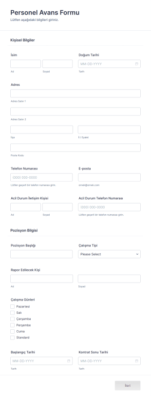 Personel Avans Form Şablonu