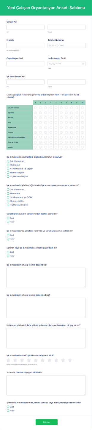 Yeni Çalışan Oryantasyon Anketi Şablonu