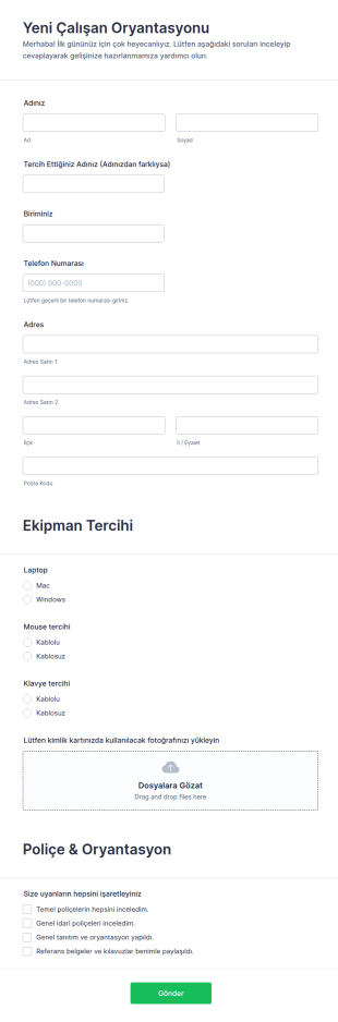 Yeni Çalışan Oryantasyon Formu Örneği Form Şablonu