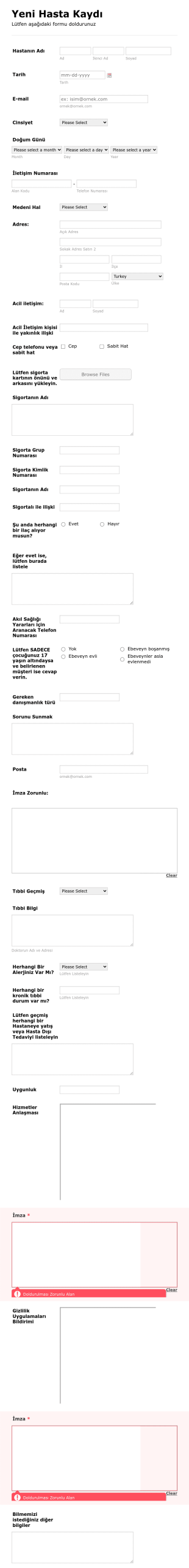 Yeni Hasta Bilgi Form Şablonu