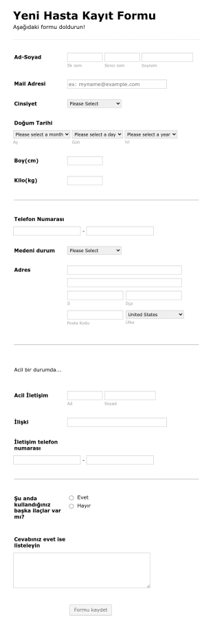 Yeni Hasta Kayıt Form Template