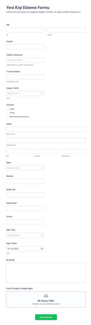 Yeni İletişim Oluşturma Form Şablonu