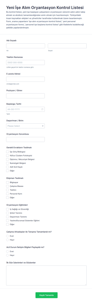 Yeni İşe Alım Oryantasyon Kontrol Listesi Form Şablonu