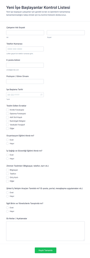 Yeni İşe Başlayanlar Kontrol Listesi Form Şablonu