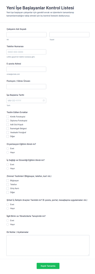 Yeni İşe Başlayanlar Kontrol Listesi Form Şablonu