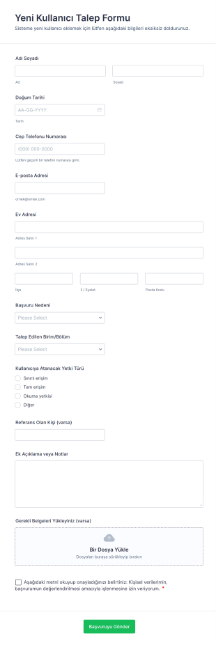 Yeni Kullanıcı Talep Form Şablonu