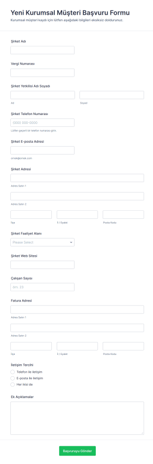 Yeni Kurumsal Müşteri Başvuru Form Şablonu