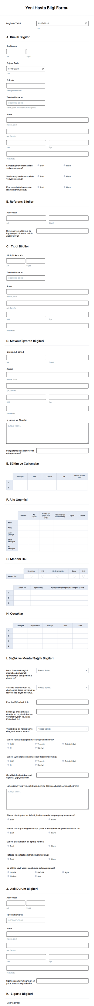 Yeni Müşteri Bilgi Form Şablonu