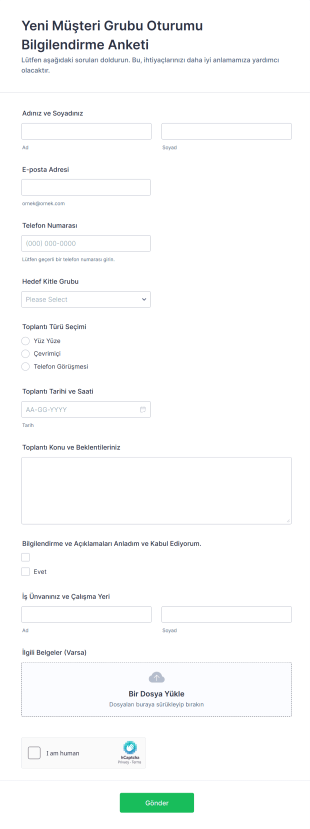 Yeni Müşteri Grubu Oturumu Bilgilendirme Anketi Form Şablonu