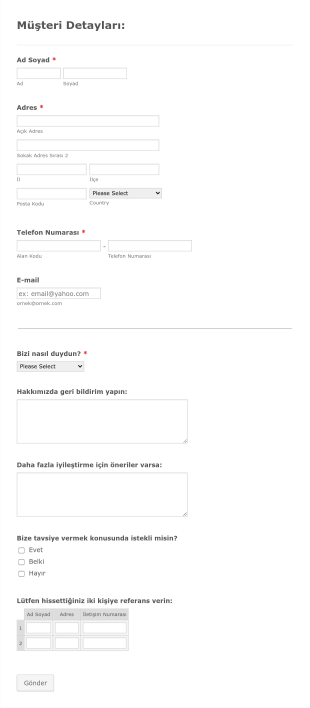 Yeni Müşteri Kayıt Form Şablonu