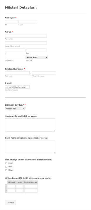 Yeni Müşteri Kayıt Form Template